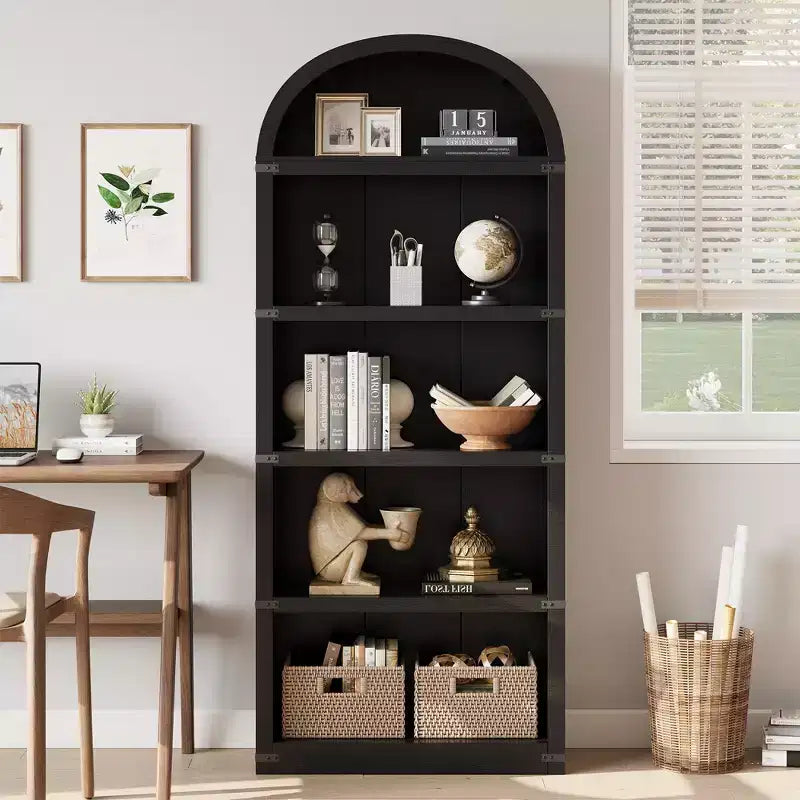 Libreria ad arco stile rustico da 182 cm con 5 ripiani – Scaffale alto effetto legno con dettagli in metallo per ufficio e soggiorno