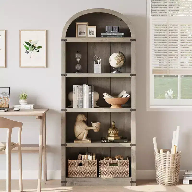 Libreria ad arco stile rustico da 182 cm con 5 ripiani – Scaffale alto effetto legno con dettagli in metallo per ufficio e soggiorno
