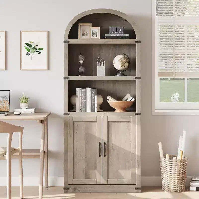 Libreria ad arco stile rustico da 182 cm con 5 ripiani – Scaffale alto effetto legno con dettagli in metallo per ufficio e soggiorno