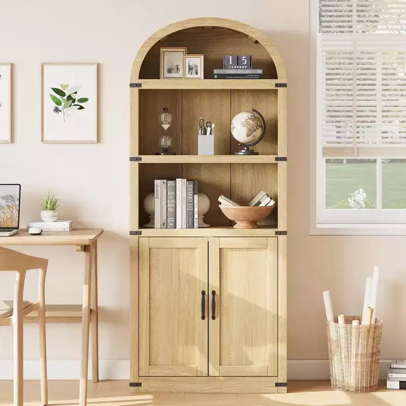 Libreria ad arco stile rustico da 182 cm con 5 ripiani – Scaffale alto effetto legno con dettagli in metallo per ufficio e soggiorno