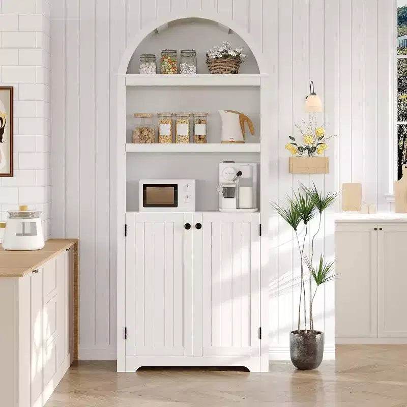 Armadio alto 183 cm con parte superiore ad arco, 5 ripiani e ante – Credenza regolabile per soggiorno e cucina
