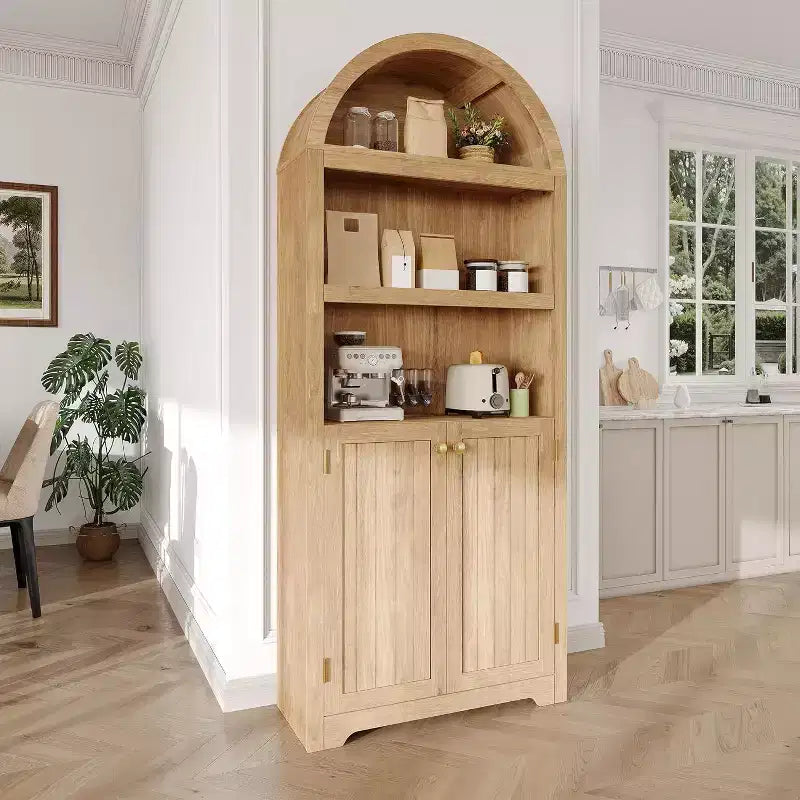 Armadio alto 183 cm con parte superiore ad arco, 5 ripiani e ante – Credenza regolabile per soggiorno e cucina