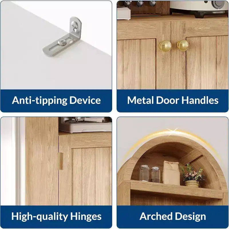 Armadio alto 183 cm con parte superiore ad arco, 5 ripiani e ante – Credenza regolabile per soggiorno e cucina