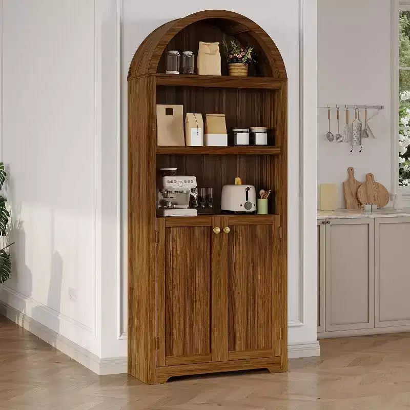 Armadio alto 183 cm con parte superiore ad arco, 5 ripiani e ante – Credenza regolabile per soggiorno e cucina