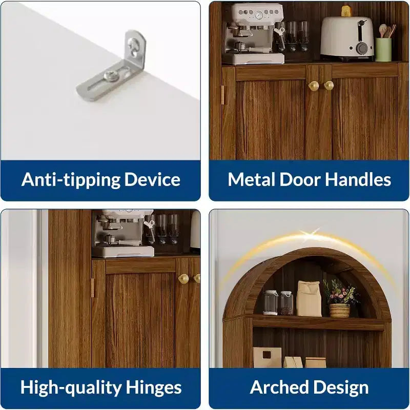Armadio alto 183 cm con parte superiore ad arco, 5 ripiani e ante – Credenza regolabile per soggiorno e cucina