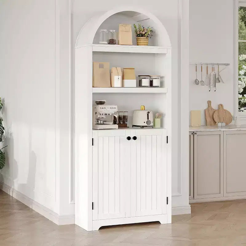 Armadio alto 183 cm con parte superiore ad arco, 5 ripiani e ante – Credenza regolabile per soggiorno e cucina