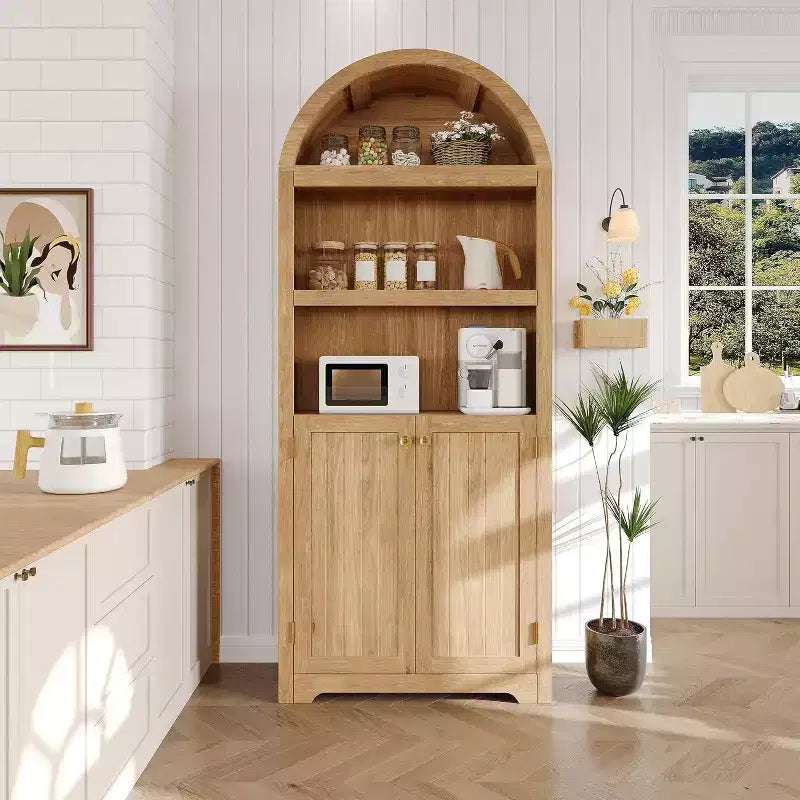 Armadio alto 183 cm con parte superiore ad arco, 5 ripiani e ante – Credenza regolabile per soggiorno e cucina