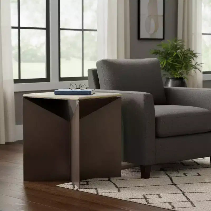 Contemporary End or Side Table with Travertine Top - Home Decor Accent for Small Spaces, Bedroom, or Living Room Decor - 25, Bronze & Ivory