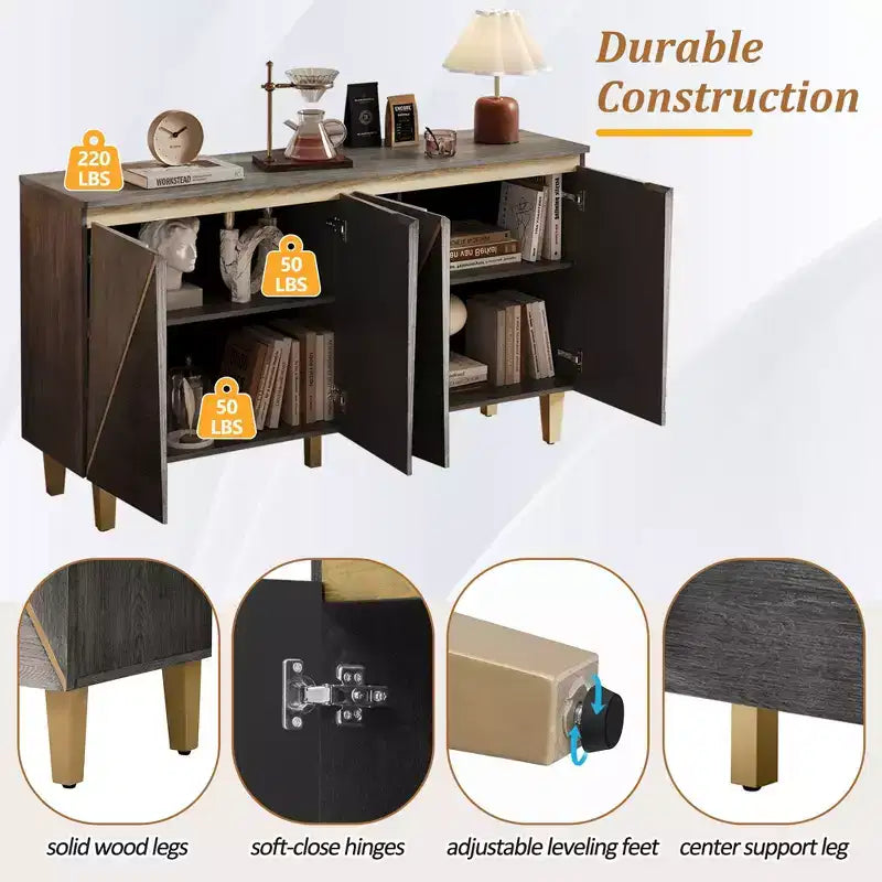 60 Mobile Buffet Bicolore,Credenza in Legno Effetto Invecchiato con 4 Ante,Ripiani Regolabili,Cerniere Ammortizzate,Madia per Sala da Pranzo,Cucina
