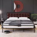Upholstered Metal Bed Frame with Square-Stitched Headboard, Faux Leather Platform Bed with Steel Slats Support, Box Spring Optional, Red Brown