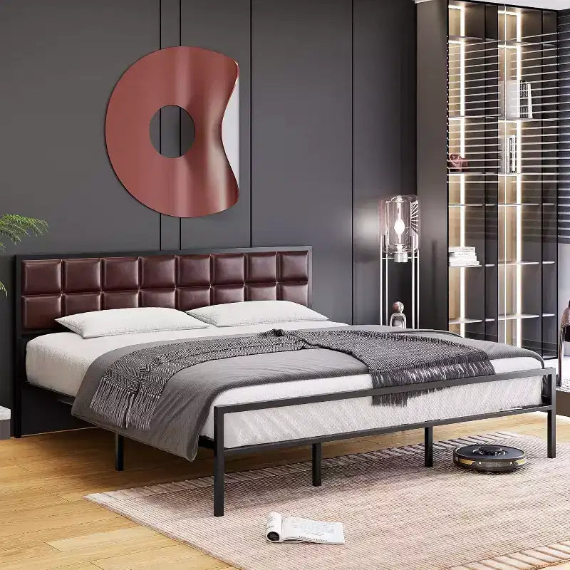 Struttura Letto in Metallo Rivestito con Testiera Impuntura Quadrata, Letto a Piattaforma in Ecopelle con Supporto a Doghe in Acciaio, Molle a Scatola Opzionali, Marrone Rosso