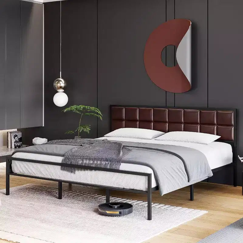 Struttura Letto in Metallo Rivestito con Testiera Impuntura Quadrata, Letto a Piattaforma in Ecopelle con Supporto a Doghe in Acciaio, Molle a Scatola Opzionali, Marrone Rosso