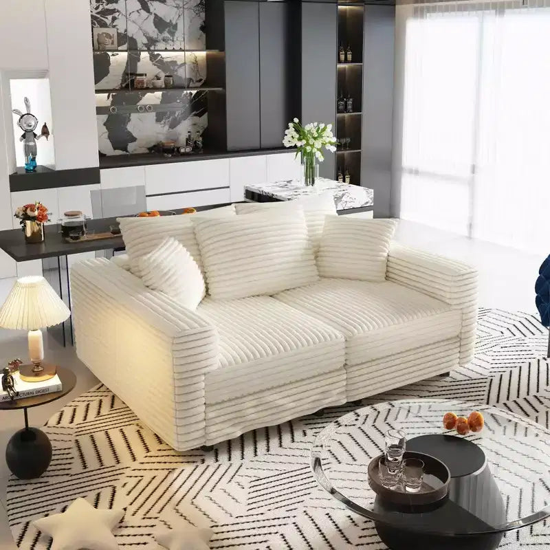 Divano convertibile a 3 posti in velluto a coste da 210 cm con cuscini morbidi – Chaise longue con seduta profonda, beige