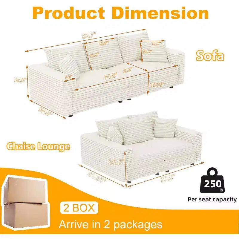 Divano convertibile a 3 posti in velluto a coste da 210 cm con cuscini morbidi – Chaise longue con seduta profonda, beige