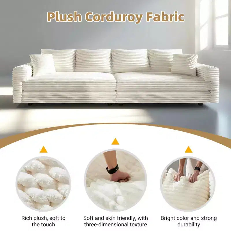 Divano convertibile a 3 posti in velluto a coste da 210 cm con cuscini morbidi – Chaise longue con seduta profonda, beige