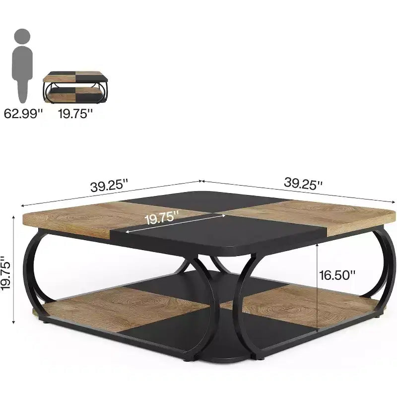 Tavolino da caffè quadrato da 39" a 2 livelli con ripiano aperto – Stile rustico da fattoria, struttura in metallo, nero e marrone