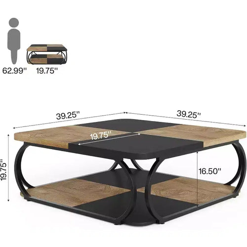 Tavolino da caffè quadrato da 39" a 2 livelli con ripiano aperto – Stile rustico da fattoria, struttura in metallo, nero e marrone