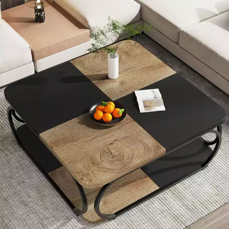 Tavolino da caffè quadrato da 39" a 2 livelli con ripiano aperto – Stile rustico da fattoria, struttura in metallo, nero e marrone