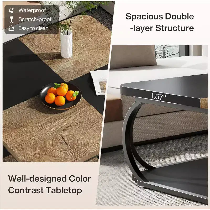 Tavolino da caffè quadrato da 39" a 2 livelli con ripiano aperto – Stile rustico da fattoria, struttura in metallo, nero e marrone