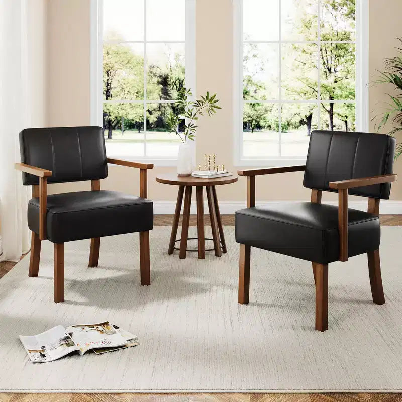 Mid-Century Modern Dining Armchair - Cream-colored Wood Frame, Beige Linen or PU Leather Upholstery - Classic Vertical Stripes or Button Tufting