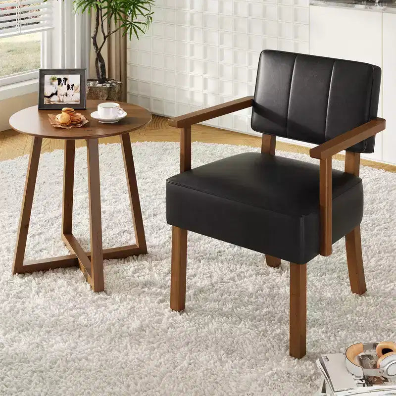 Sedia da pranzo moderna di metà secolo con braccioli - Struttura in legno color crema, rivestimento in lino beige o pelle PU - Classiche righe verticali o capitonné