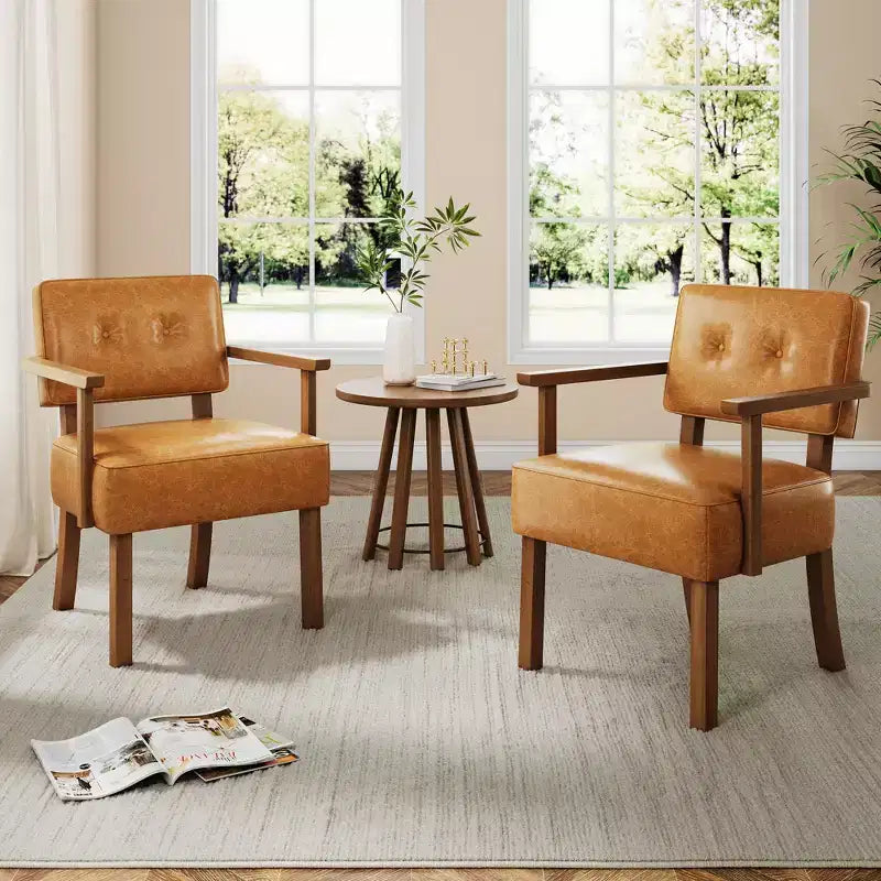 Sedia da pranzo moderna di metà secolo con braccioli - Struttura in legno color crema, rivestimento in lino beige o pelle PU - Classiche righe verticali o capitonné