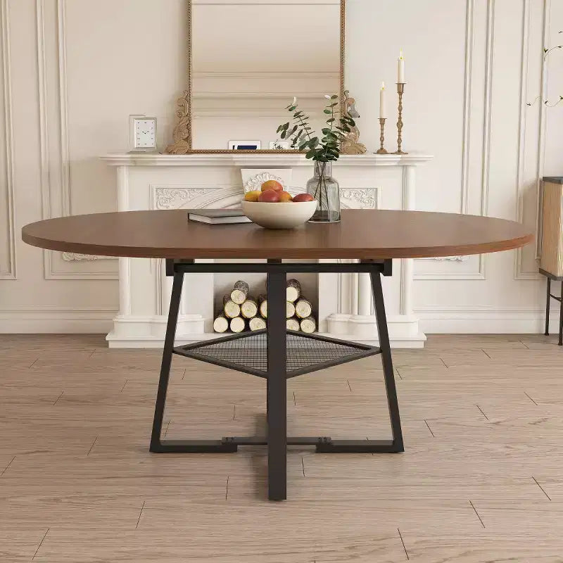 Tavolo da pranzo rotondo allungabile per 4-6 persone | Finitura Noce, Ripiano portaoggetti e Struttura in metallo, 119-150 cm