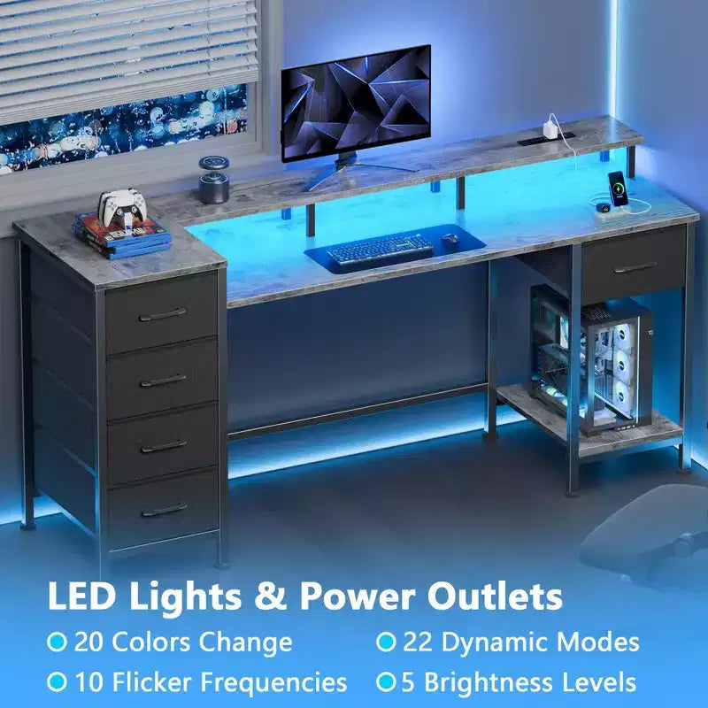 Scrivania da gioco grigia da 55" con luci LED RGB, stazione di ricarica e cassetti in tessuto reversibili – Per ufficio e camera da letto