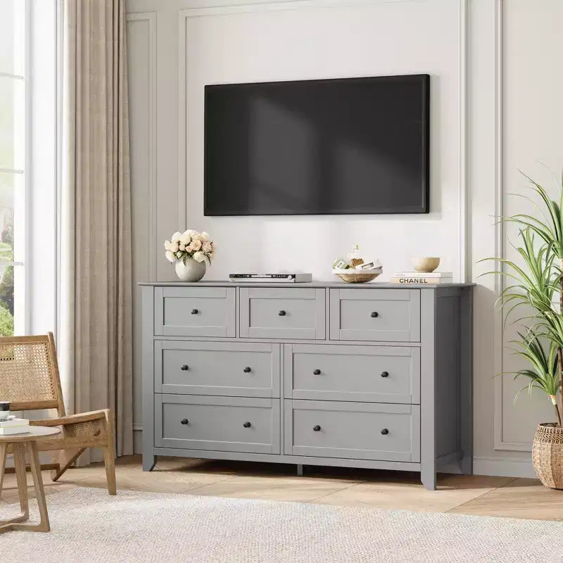 Comò moderno in legno a 7 cassetti, cassettiera grande larga 54 pollici con cassetti profondi e maniglie in metallo per camera da letto, ingresso e corridoio