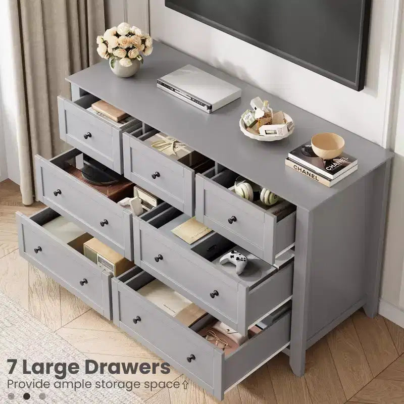 Comò moderno in legno a 7 cassetti, cassettiera grande larga 54 pollici con cassetti profondi e maniglie in metallo per camera da letto, ingresso e corridoio