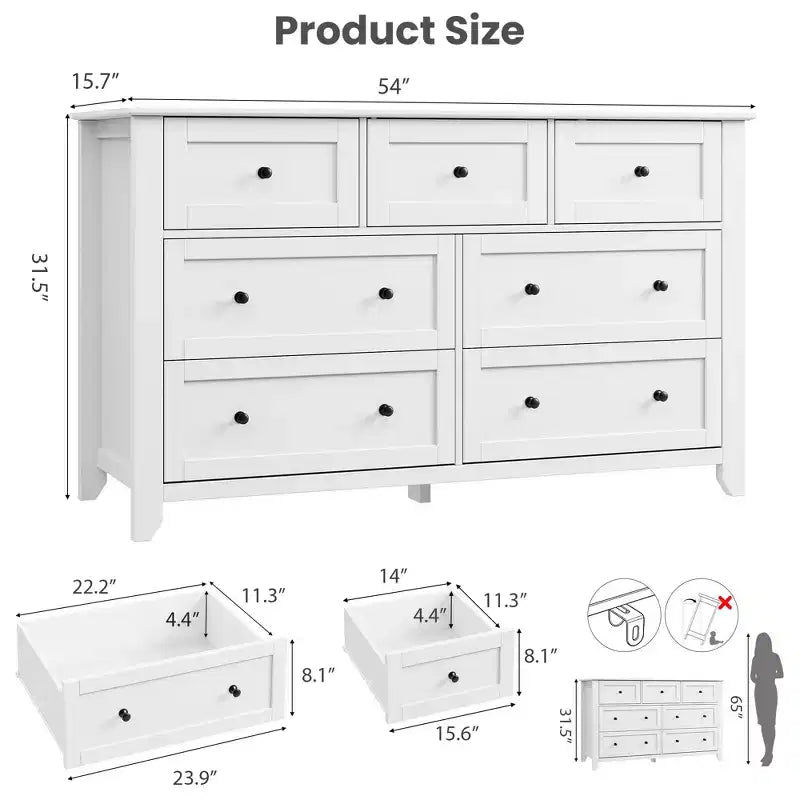 Comò moderno in legno a 7 cassetti, cassettiera grande larga 54 pollici con cassetti profondi e maniglie in metallo per camera da letto, ingresso e corridoio