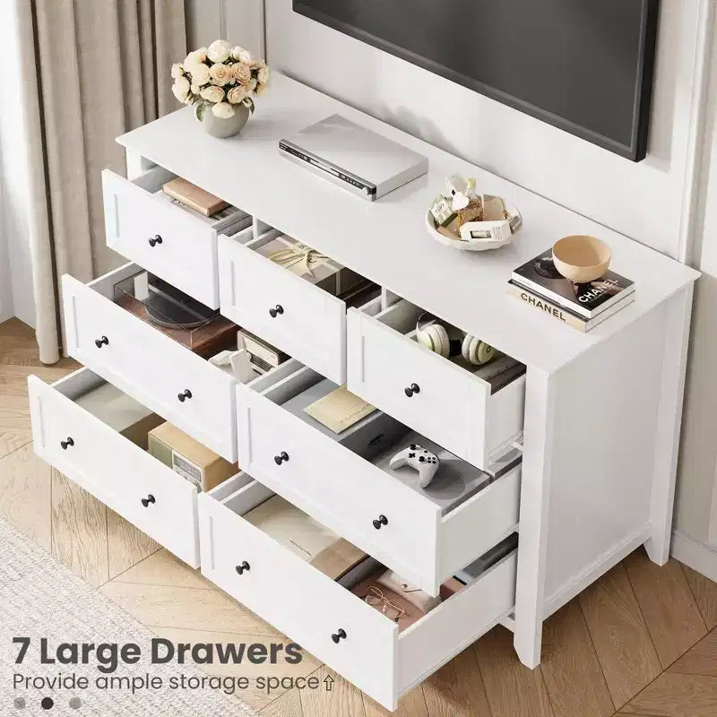 Comò moderno in legno a 7 cassetti, cassettiera grande larga 54 pollici con cassetti profondi e maniglie in metallo per camera da letto, ingresso e corridoio