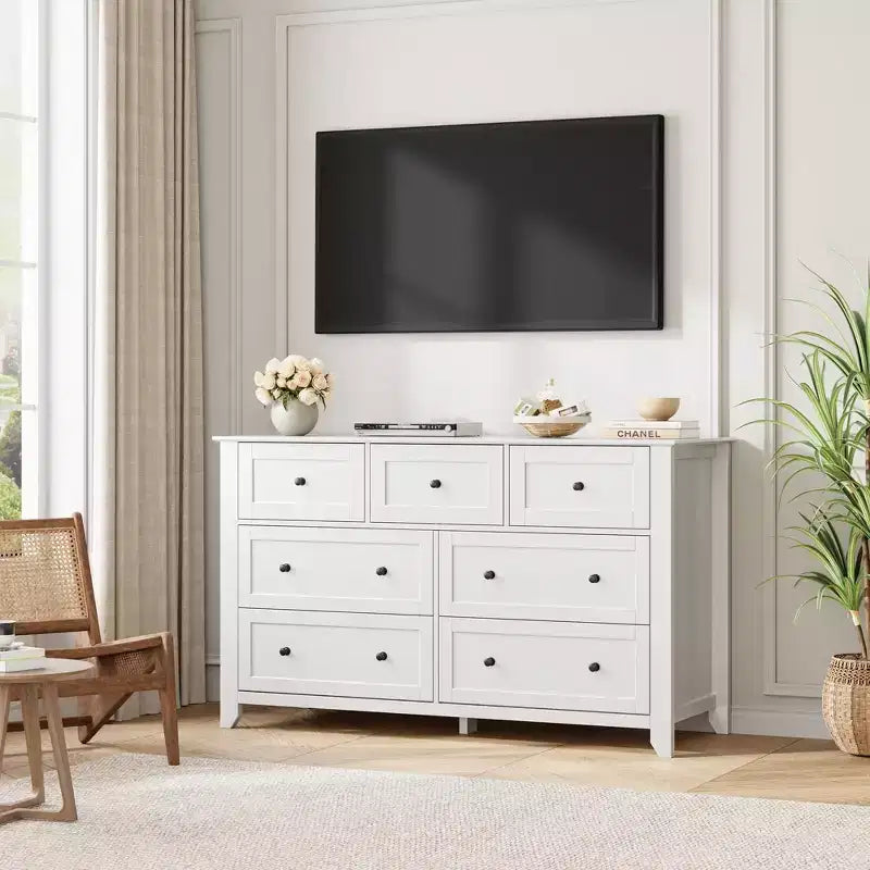 Comò moderno in legno a 7 cassetti, cassettiera grande larga 54 pollici con cassetti profondi e maniglie in metallo per camera da letto, ingresso e corridoio