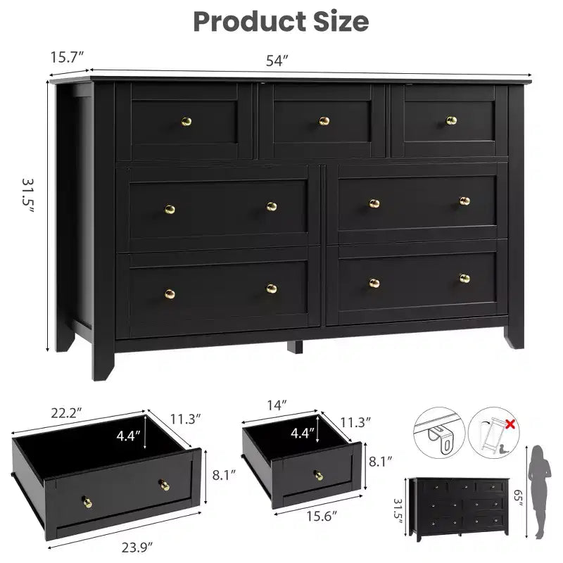 Comò moderno in legno a 7 cassetti, cassettiera grande larga 54 pollici con cassetti profondi e maniglie in metallo per camera da letto, ingresso e corridoio
