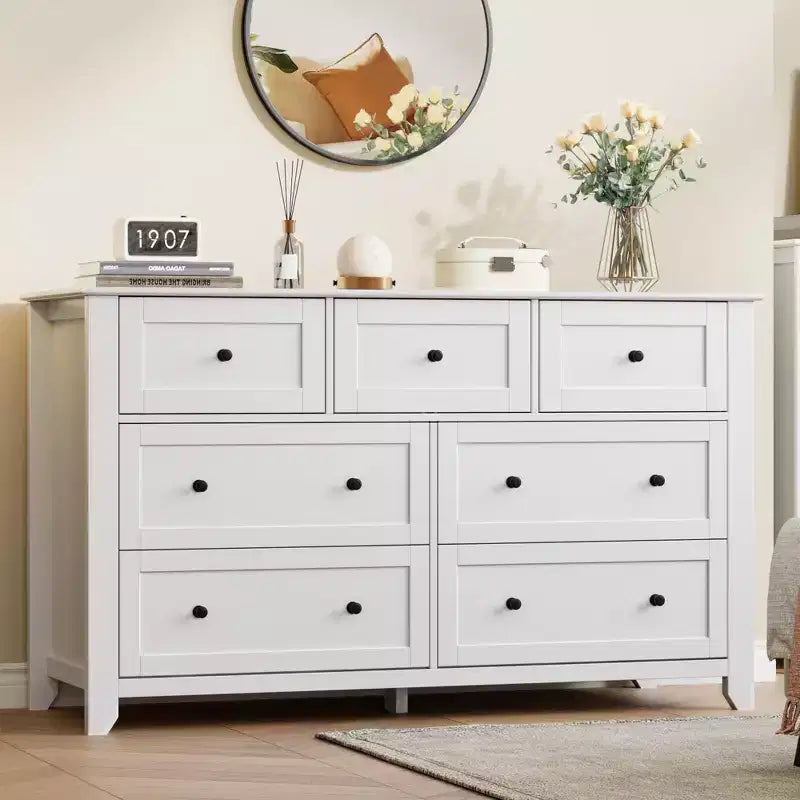 Comò moderno in legno a 7 cassetti, cassettiera grande larga 54 pollici con cassetti profondi e maniglie in metallo per camera da letto, ingresso e corridoio