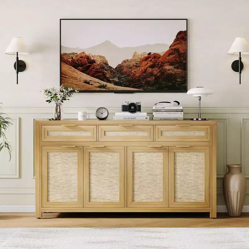 Madia da 160 cm con Ante in Rattan – 3 Cassetti, 4 Ante e Ripiani Regolabili per Sala da Pranzo o Cucina