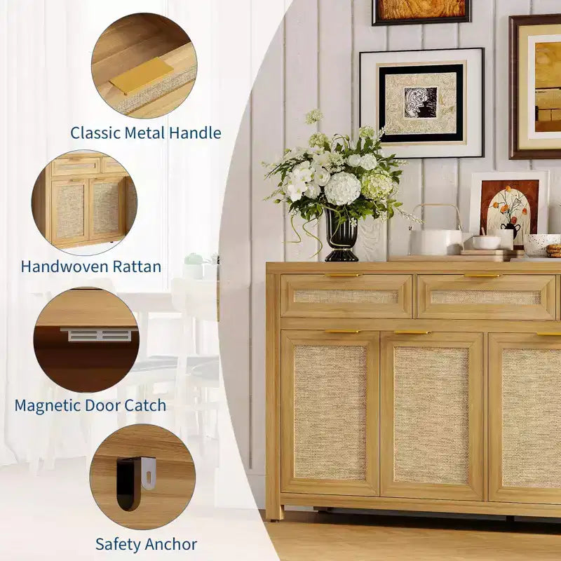 Madia da 160 cm con Ante in Rattan – 3 Cassetti, 4 Ante e Ripiani Regolabili per Sala da Pranzo o Cucina