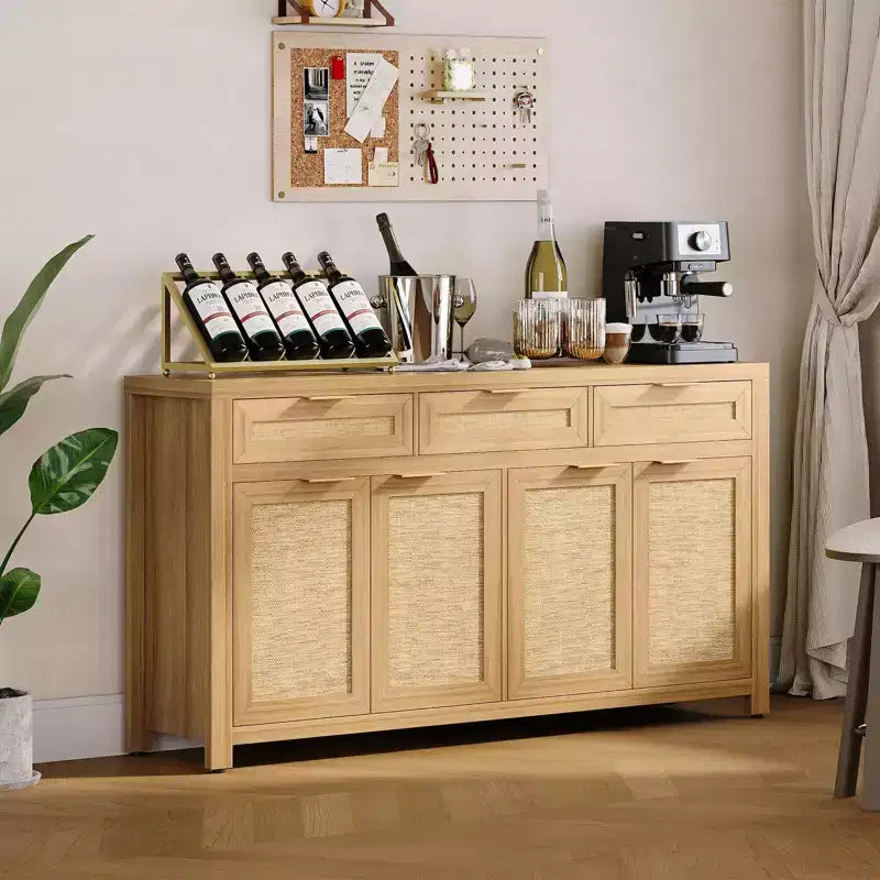 Madia da 160 cm con Ante in Rattan – 3 Cassetti, 4 Ante e Ripiani Regolabili per Sala da Pranzo o Cucina