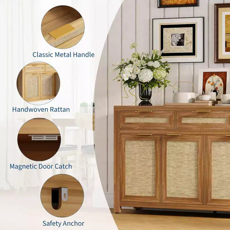 Madia da 160 cm con Ante in Rattan – 3 Cassetti, 4 Ante e Ripiani Regolabili per Sala da Pranzo o Cucina