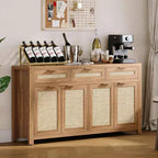 Madia da 160 cm con Ante in Rattan – 3 Cassetti, 4 Ante e Ripiani Regolabili per Sala da Pranzo o Cucina