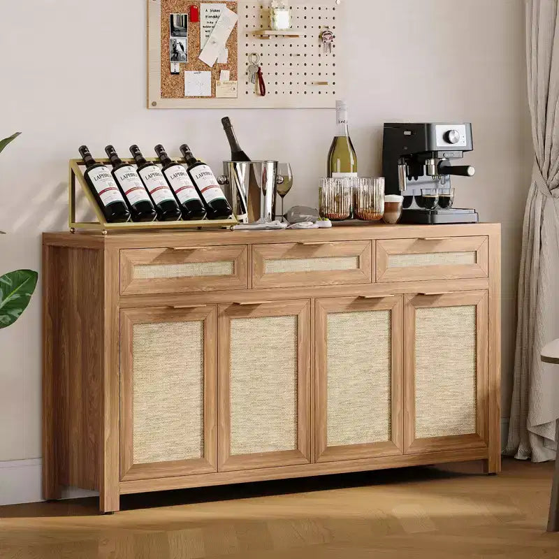 Madia da 160 cm con Ante in Rattan – 3 Cassetti, 4 Ante e Ripiani Regolabili per Sala da Pranzo o Cucina