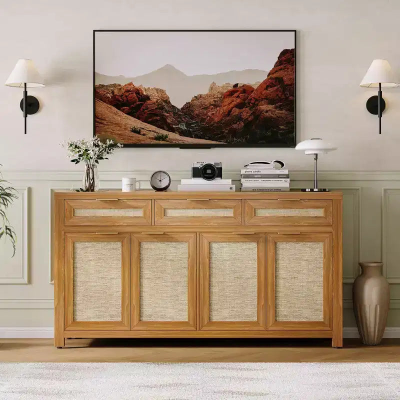 Madia da 160 cm con Ante in Rattan – 3 Cassetti, 4 Ante e Ripiani Regolabili per Sala da Pranzo o Cucina