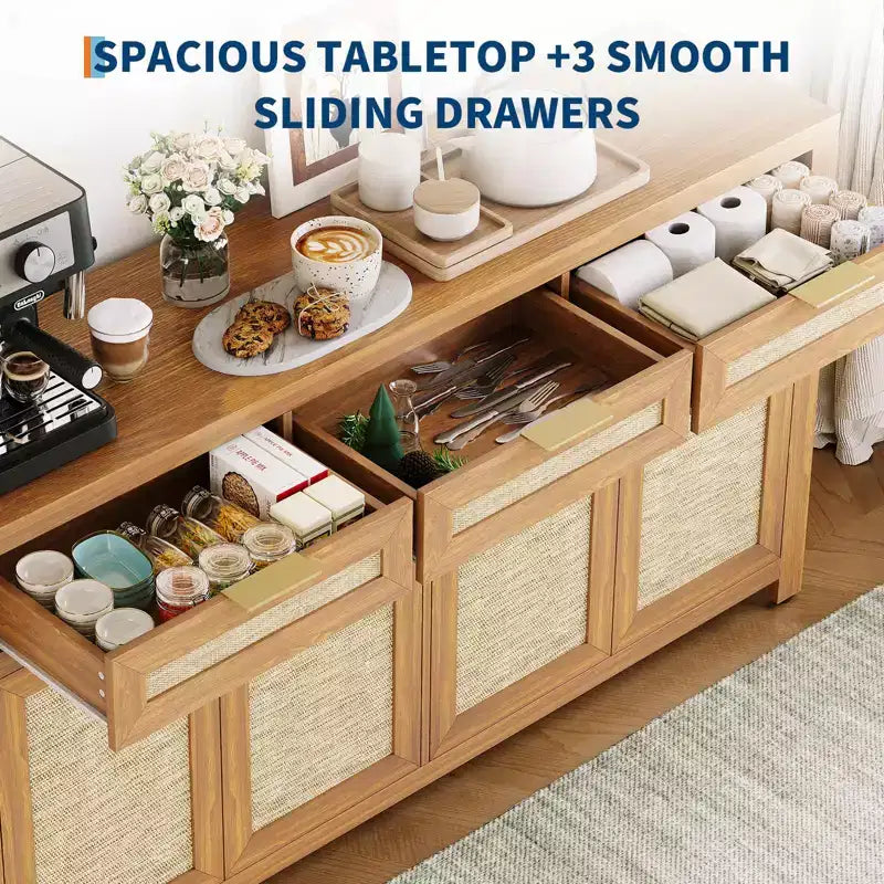 Madia da 160 cm con Ante in Rattan – 3 Cassetti, 4 Ante e Ripiani Regolabili per Sala da Pranzo o Cucina