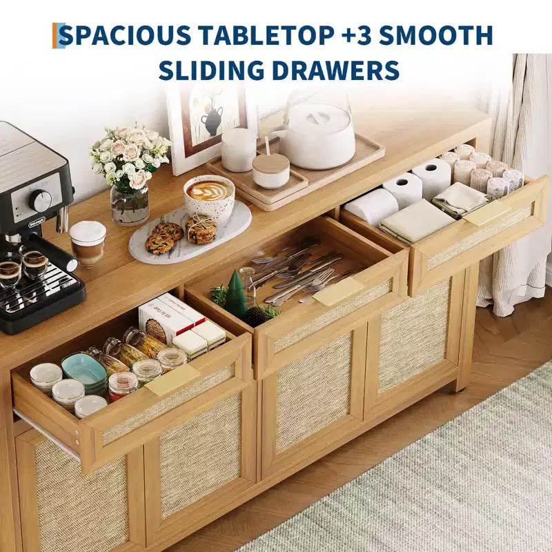 Madia da 160 cm con Ante in Rattan – 3 Cassetti, 4 Ante e Ripiani Regolabili per Sala da Pranzo o Cucina