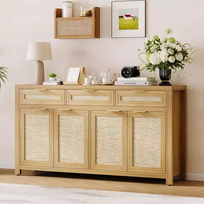 Madia da 160 cm con Ante in Rattan – 3 Cassetti, 4 Ante e Ripiani Regolabili per Sala da Pranzo o Cucina